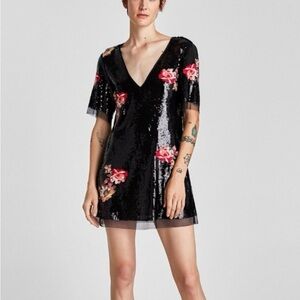 Zara Black Sequin Mini Dress with embroidered Floral Accents L